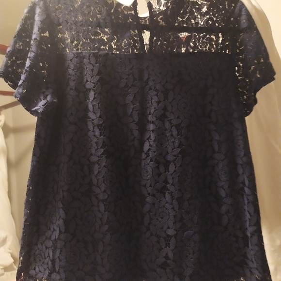 Faith and Joy blouse, rhinestone embellished collar, lace, navy, size small - Picture 3 of 4